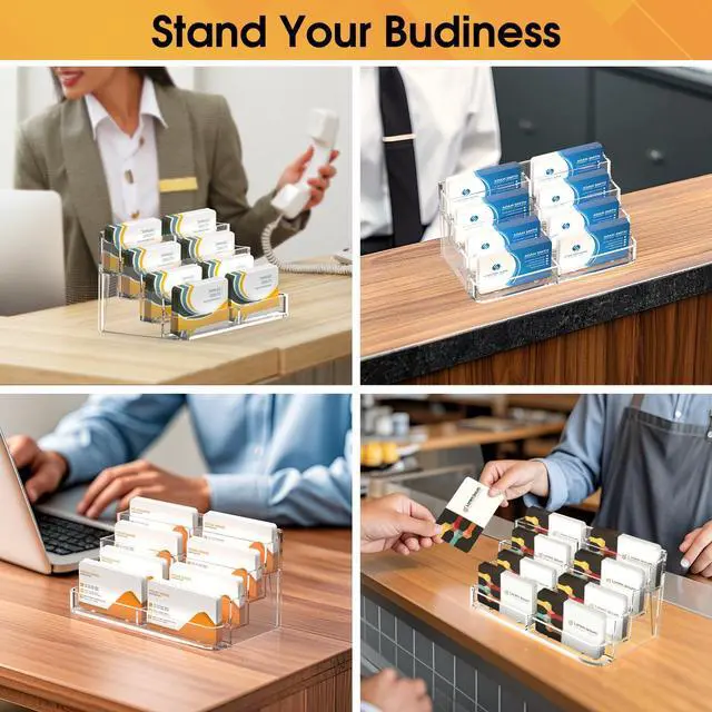 Alt view image 7 of 7 - 2 Pack Acrylic Business Card Holder for Desk, Clear Desktop Business Card Display Stand with 8 Pockets, 4-Tier Freestanding Card Organizer for Office, Reception, Countertop