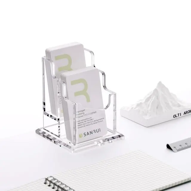 Alt view image 4 of 7 - Vertical Business Card Holder - 2 Tier Acrylic Clear Desktop Display Stand for Office, Home & Exhibition - Sleek Design, Durable, Easy Access,Professional Card Storage, 2 Slots