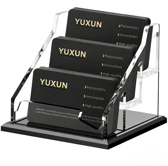 Alt view image 2 of 7 - Black Business Card Holder for Desk-3 Tier 3 Slot, Acrylic Business Card Holder for Women Men, 100+ Business Cards Display Stand, Multiple Business Card Display for Exhibition, Home, Office