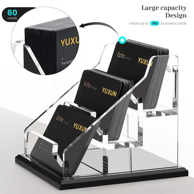 Alt view image 6 of 7 - Black Business Card Holder for Desk-3 Tier 3 Slot, Acrylic Business Card Holder for Women Men, 100+ Business Cards Display Stand, Multiple Business Card Display for Exhibition, Home, Office