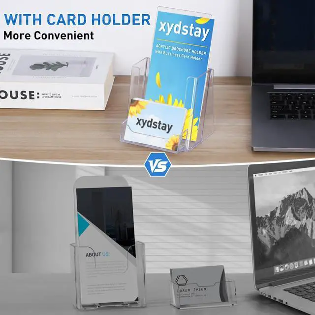 Alt view image 2 of 7 - 4x9 Acrylic Brochure Holder with Business Card Holder, Clear Display Stand, Plastic Table stand Sign Holder, Pamphlet Holder Flyer Holder, Acrylic Display Stand for Office, Home, Store, 2 Pack
