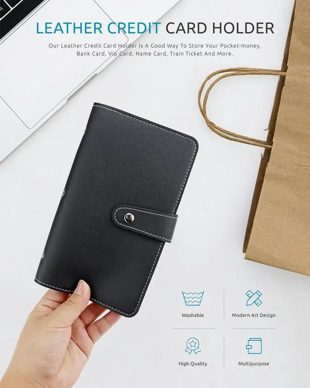 Alt view image 7 of 7 - Credit Card Holder, Leather Business Card Organizer with 96 Card Slots, Professional Card Book Case for Cards and Important Documents to Prevent Loss or Damage (Black)