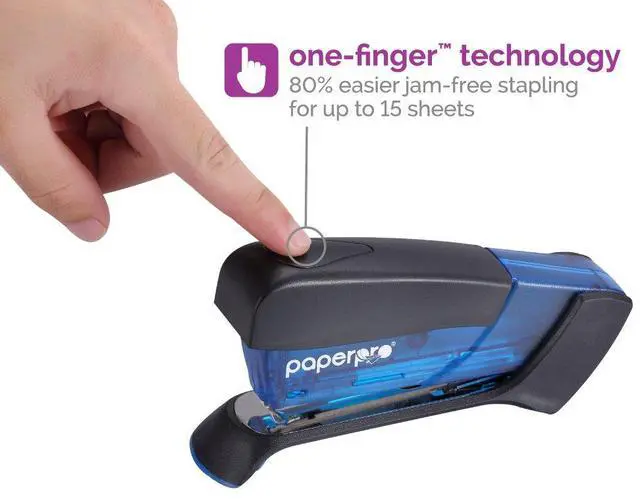 Alt view image 2 of 5 - Compact Classic Desktop Stapler, 15 Sheet Capacity, No Effort, One Finger, 80% Easier Stapling, Blue