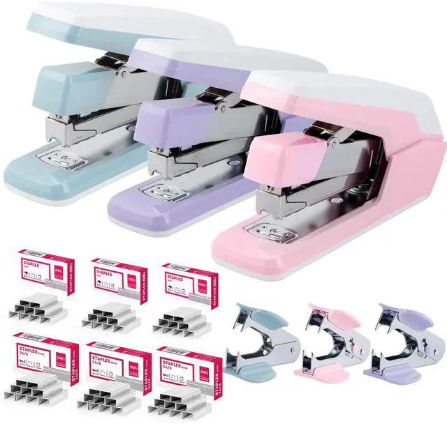 Main image of Stapler, Effortless Staplers for Desk, 40-50 Sheet Capacity Heavy Duty, One Touch, No Effort, Easy to Load, with 1500 Staples & Staple Remover, 3 Pack, 3 Colors