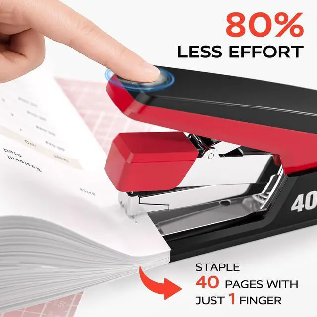 Alt view image 2 of 7 - Effortless Stapler for Desk with 40-50 Sheet Capacity, 2000 Staples, 1-Touch Stapling, Ergonomic & Easy to Load Desktop Staplers, Heavy Duty Stapler, and Magnetic Staple Remover, Red