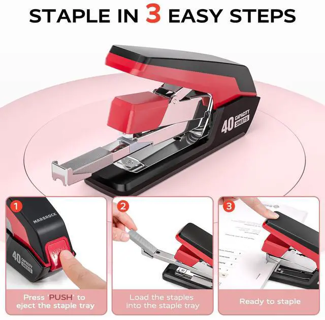 Alt view image 4 of 7 - Effortless Stapler for Desk with 40-50 Sheet Capacity, 2000 Staples, 1-Touch Stapling, Ergonomic & Easy to Load Desktop Staplers, Heavy Duty Stapler, and Magnetic Staple Remover, Red