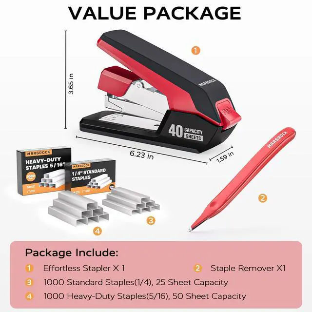 Alt view image 6 of 7 - Effortless Stapler for Desk with 40-50 Sheet Capacity, 2000 Staples, 1-Touch Stapling, Ergonomic & Easy to Load Desktop Staplers, Heavy Duty Stapler, and Magnetic Staple Remover, Red