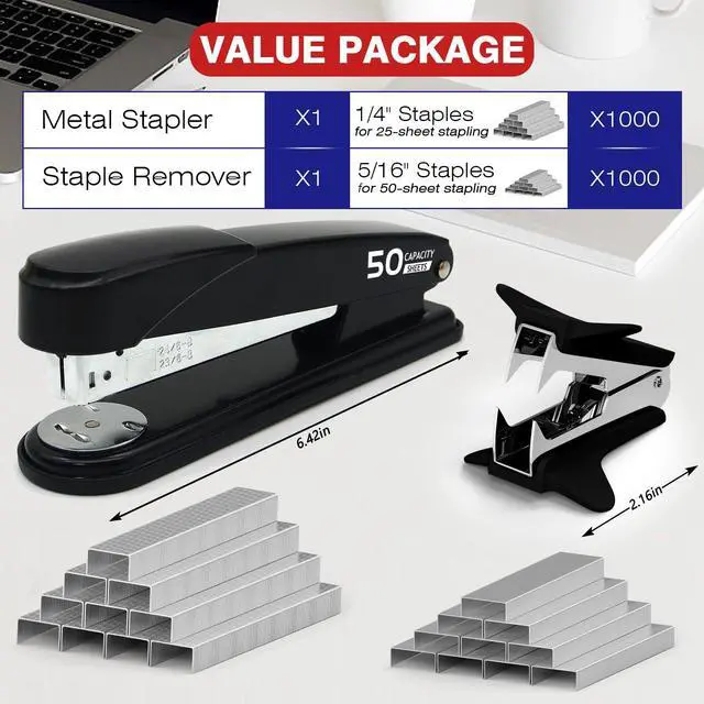 Alt view image 2 of 7 - Metal Stapler Heavy Duty 50 Sheet Capacity with 2000 Staples and Staple Remover, No Jam, Non-Slip Stapler for Desk, Black Office Supplies for Teacher, Office Clerks