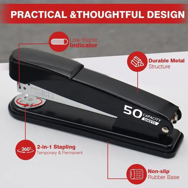 Alt view image 4 of 7 - Metal Stapler Heavy Duty 50 Sheet Capacity with 2000 Staples and Staple Remover, No Jam, Non-Slip Stapler for Desk, Black Office Supplies for Teacher, Office Clerks