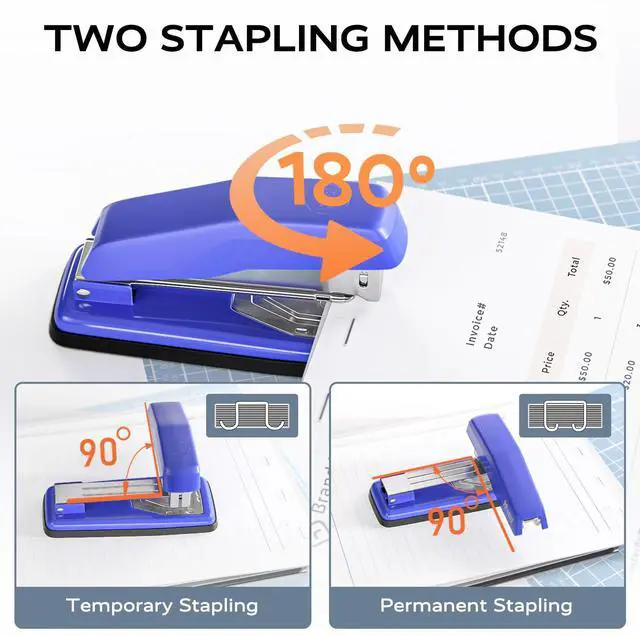 Alt view image 2 of 7 - Desktop Stapler, Swing-Arm Swivel Stapler, 50 Sheet Capacity, 2000 Staples and Staple Remover, Rotatable Heavy Duty Staplers for Office, Home, Classroom, Booklet, Book Binding, Blue