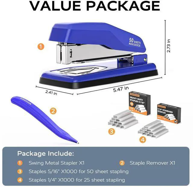 Alt view image 3 of 7 - Desktop Stapler, Swing-Arm Swivel Stapler, 50 Sheet Capacity, 2000 Staples and Staple Remover, Rotatable Heavy Duty Staplers for Office, Home, Classroom, Booklet, Book Binding, Blue