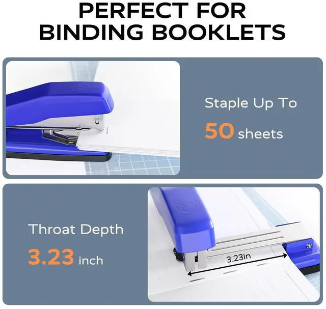 Alt view image 4 of 7 - Desktop Stapler, Swing-Arm Swivel Stapler, 50 Sheet Capacity, 2000 Staples and Staple Remover, Rotatable Heavy Duty Staplers for Office, Home, Classroom, Booklet, Book Binding, Blue