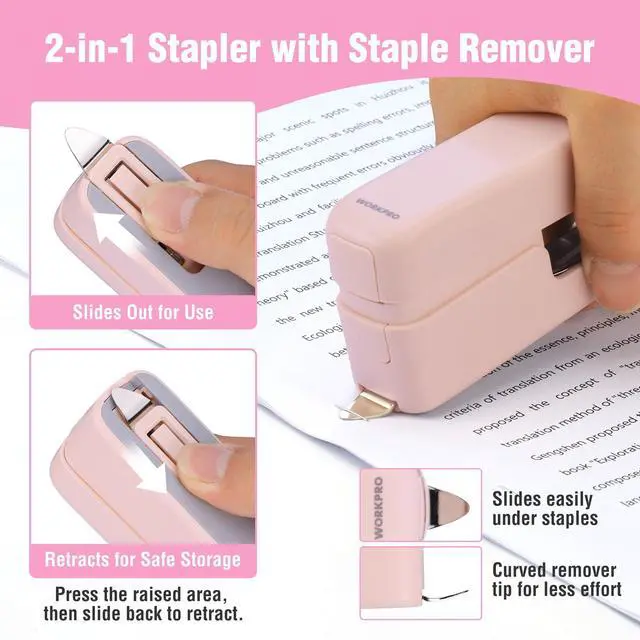 Alt view image 3 of 7 - 2-in-1 Stapler with Staples, Pink Stapler with Staple Remover, 40 Sheet Capacity, Flat Clinch, Storage Space, Includes 2000 Standard Staples - Non-Slip Office Staplers for Desk, Pink Ribbon