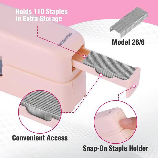 Alt view image 4 of 7 - 2-in-1 Stapler with Staples, Pink Stapler with Staple Remover, 40 Sheet Capacity, Flat Clinch, Storage Space, Includes 2000 Standard Staples - Non-Slip Office Staplers for Desk, Pink Ribbon