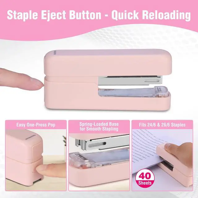 Alt view image 5 of 7 - 2-in-1 Stapler with Staples, Pink Stapler with Staple Remover, 40 Sheet Capacity, Flat Clinch, Storage Space, Includes 2000 Standard Staples - Non-Slip Office Staplers for Desk, Pink Ribbon