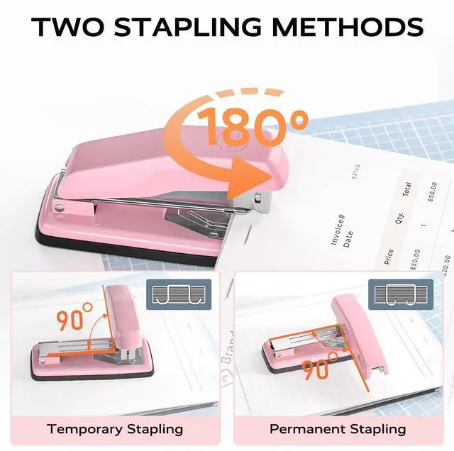 Alt view image 2 of 7 - Desktop Stapler, Swing-Arm Swivel Stapler, 50 Sheet Capacity, 2000 Staples and Staple Remover, Rotatable Heavy Duty Staplers for Office, Home, Classroom, Booklet, Book Binding,Pink
