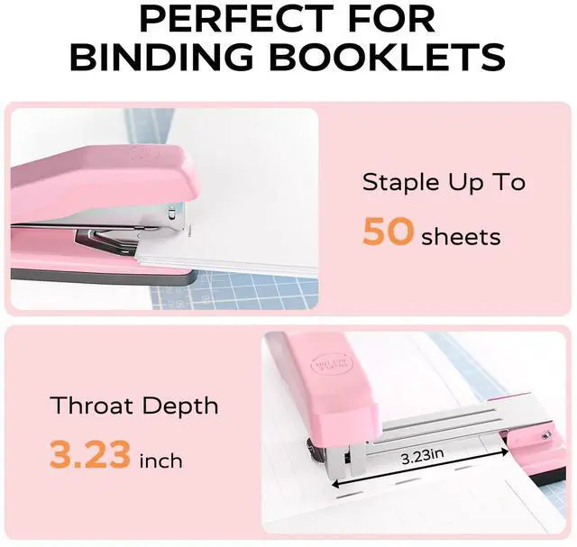 Alt view image 4 of 7 - Desktop Stapler, Swing-Arm Swivel Stapler, 50 Sheet Capacity, 2000 Staples and Staple Remover, Rotatable Heavy Duty Staplers for Office, Home, Classroom, Booklet, Book Binding,Pink