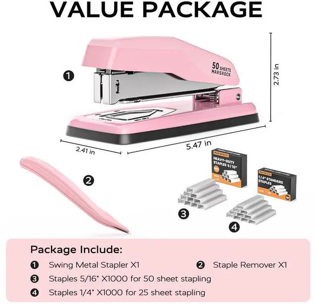 Alt view image 5 of 7 - Desktop Stapler, Swing-Arm Swivel Stapler, 50 Sheet Capacity, 2000 Staples and Staple Remover, Rotatable Heavy Duty Staplers for Office, Home, Classroom, Booklet, Book Binding,Pink