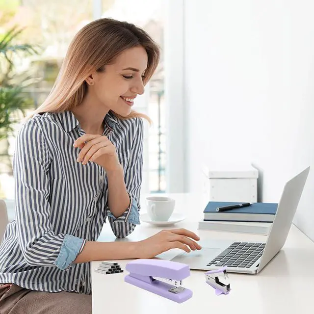 Alt view image 4 of 5 - Purple Office Stapler, 25 Sheet Capacity with 2000 Staples and Staple Remover, Desktop Stapler,Purple Office Supplies for Students and Office Clerks