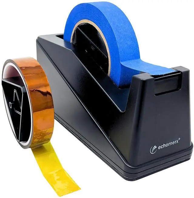 Main image of Tape Dispenser, Large Weighted Desktop Tape Holder with Stable Heavy Base for One-Handed Use, Masking Tape, Painters Tape, Heat Tape & Kapton, Fits 1 & 3 Core Rolls, Black