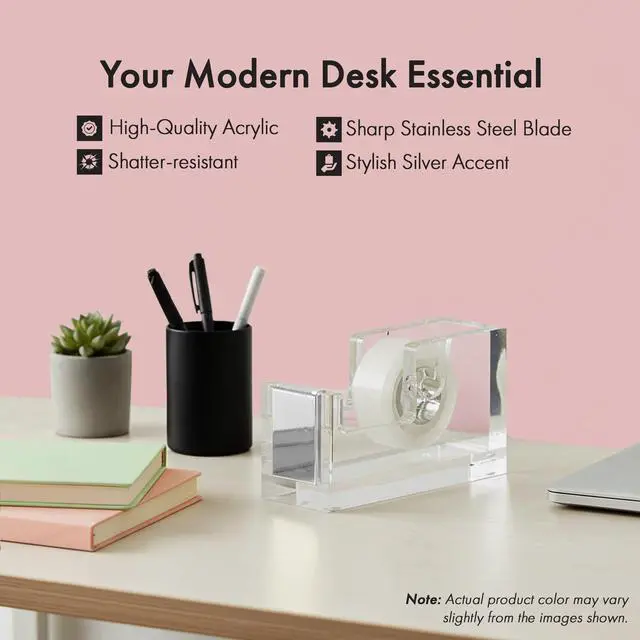 Alt view image 2 of 7 - Acrylic Tape Dispenser Modern Desk Organizer for Office Supplies, Heavy Duty Refillable Tape Holder for Home and School Crafting, Stylish Desktop Accessory for Gift Wrapping, Silver