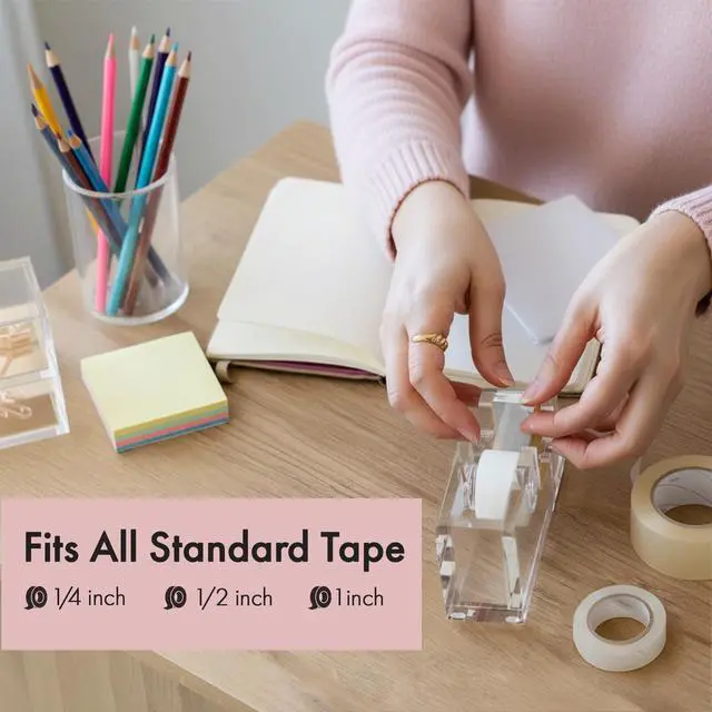 Alt view image 6 of 7 - Acrylic Tape Dispenser Modern Desk Organizer for Office Supplies, Heavy Duty Refillable Tape Holder for Home and School Crafting, Stylish Desktop Accessory for Gift Wrapping, Silver