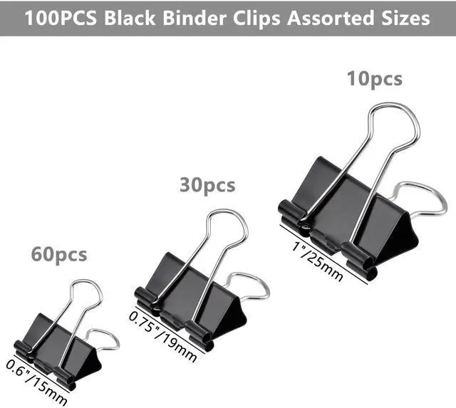 Alt view image 2 of 6 - 100pcs Binder Clips Assorted Sizes, Black Paper Clamps, Medium, Small, Mini 3 Sizes with Box for Office, School and Home
