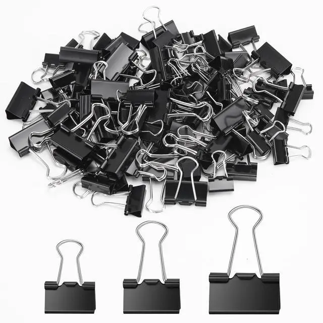 Main image of 100 Pcs Paper Binder Clip, Black Binder Clips, Metal Paper Clamps, Assorted Sizes, Ideal for Office, Home and School Supplies