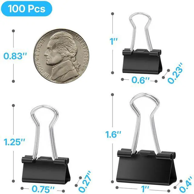 Alt view image 2 of 7 - 100 Pcs Paper Binder Clip, Black Binder Clips, Metal Paper Clamps, Assorted Sizes, Ideal for Office, Home and School Supplies