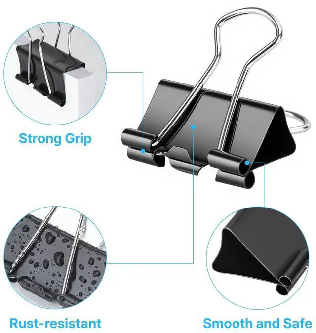 Alt view image 3 of 7 - 100 Pcs Paper Binder Clip, Black Binder Clips, Metal Paper Clamps, Assorted Sizes, Ideal for Office, Home and School Supplies