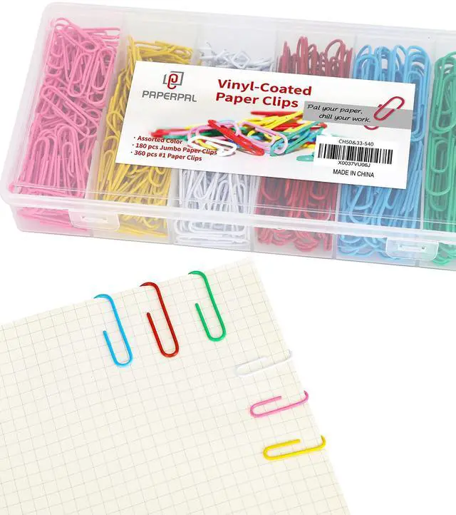 Main image of Paperclips for Office School & Personal Use, Duo Size Vinyl Coated Paper Clip (2" & 1-2/7"), 540 Large & Medium Size Paper Clips (360 in No.1 Size, 180 in Jumo Size), Assorted Color