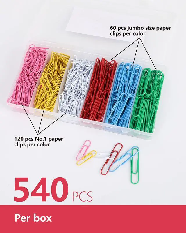 Alt view image 3 of 7 - Paperclips for Office School & Personal Use, Duo Size Vinyl Coated Paper Clip (2" & 1-2/7"), 540 Large & Medium Size Paper Clips (360 in No.1 Size, 180 in Jumo Size), Assorted Color