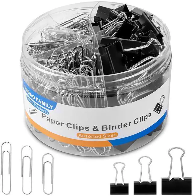 Main image of Paper Clips & Binder Clips, 340 PCS Assorted Sizes, Silver & Black, Metal, Medium, Large, Small