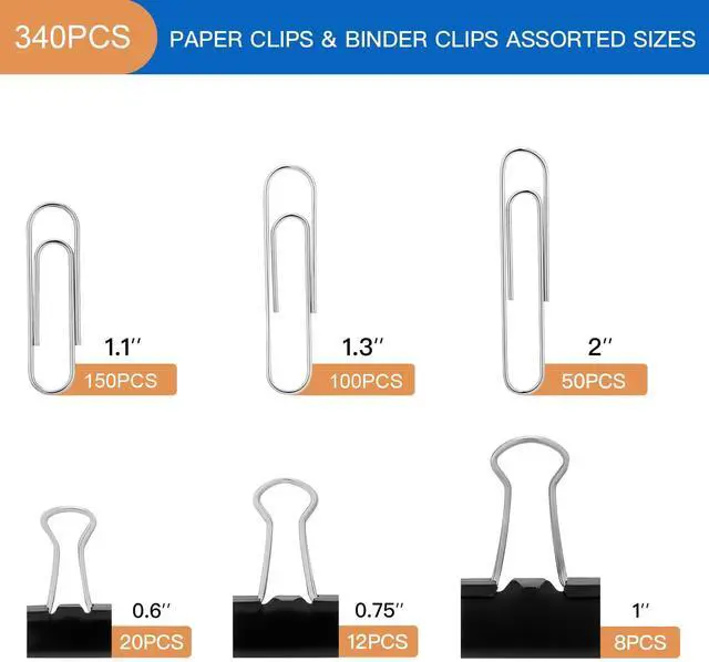 Alt view image 2 of 6 - Paper Clips & Binder Clips, 340 PCS Assorted Sizes, Silver & Black, Metal, Medium, Large, Small