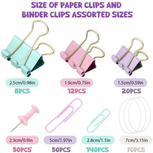 Alt view image 2 of 7 - 350 Pcs Paper Clips Assorted Sizes, Colored Binder Clip Paper Clamps Office Clips Set Push Pins Rubber Bands Teacher Supplies for Classroom Office Easter Gifts