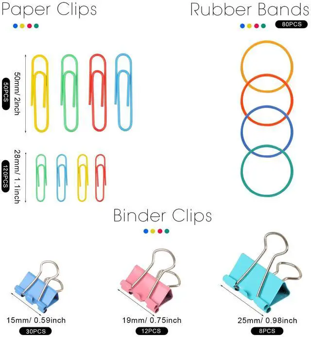 Alt view image 2 of 7 - 300 Pcs Binder Clips, Rubber Bands, Office Set, Paper Clips, School & Teacher Supplies for Office Desk Essentials (Assorted Sizes)