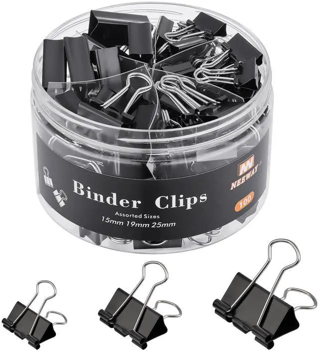 Main image of 100 Count Binder Clips Assorted Sizes, Paper Binder Clips (0.6inch 0.75inch 1inch), Metal Paper Clamps for Office and Home, Black