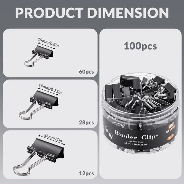 Alt view image 2 of 6 - 100 Count Binder Clips Assorted Sizes, Paper Binder Clips (0.6inch 0.75inch 1inch), Metal Paper Clamps for Office and Home, Black
