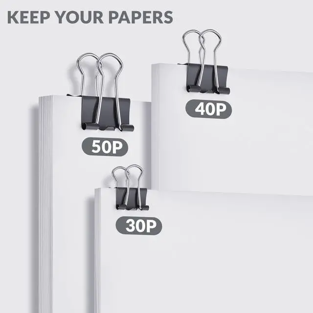 Alt view image 4 of 6 - 100 Count Binder Clips Assorted Sizes, Paper Binder Clips (0.6inch 0.75inch 1inch), Metal Paper Clamps for Office and Home, Black