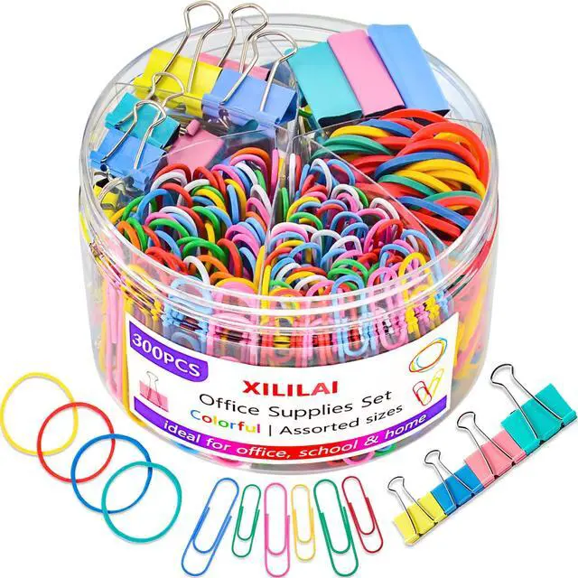 Main image of Paper Clips Binder Clips, Colored Office Clips Set - Back to School Supplies- Assorted Sizes Paperclips Paper Clamps Rubber Bands for Office and School Supplies, Document Organizing