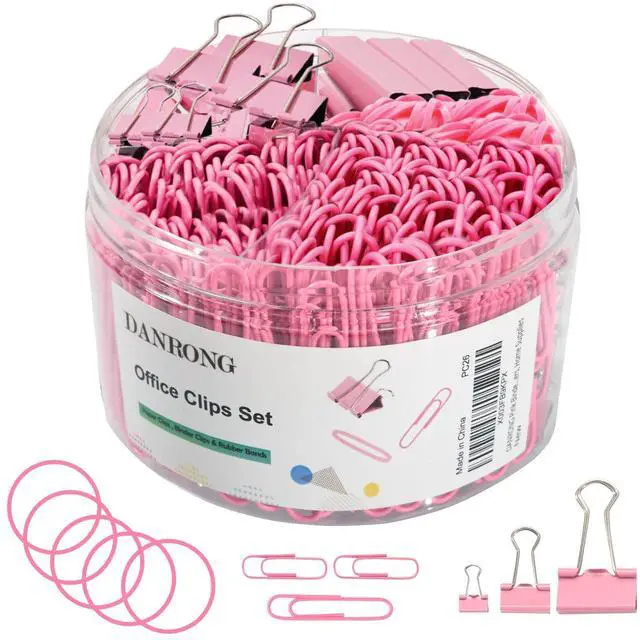 Main image of Pink Binder Clips Paper Clips,380 PCS Assorted Sizes Paperclips Paper Clamps Rubber Bands for Files, Papers, Home Supplies (Pink)