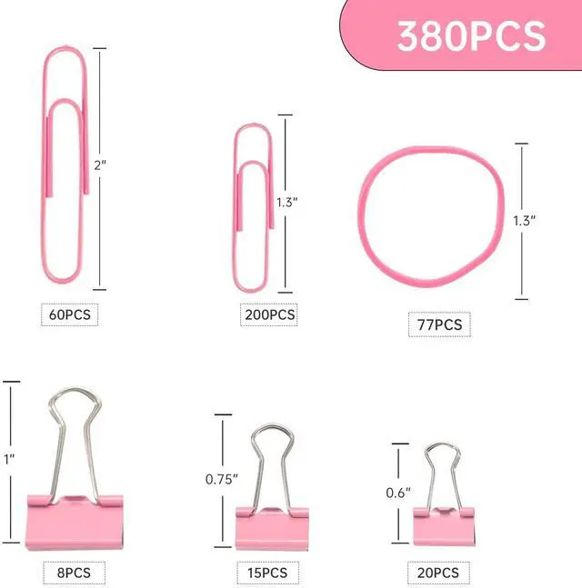 Alt view image 2 of 7 - Pink Binder Clips Paper Clips,380 PCS Assorted Sizes Paperclips Paper Clamps Rubber Bands for Files, Papers, Home Supplies (Pink)