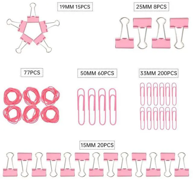 Alt view image 3 of 7 - Pink Binder Clips Paper Clips,380 PCS Assorted Sizes Paperclips Paper Clamps Rubber Bands for Files, Papers, Home Supplies (Pink)