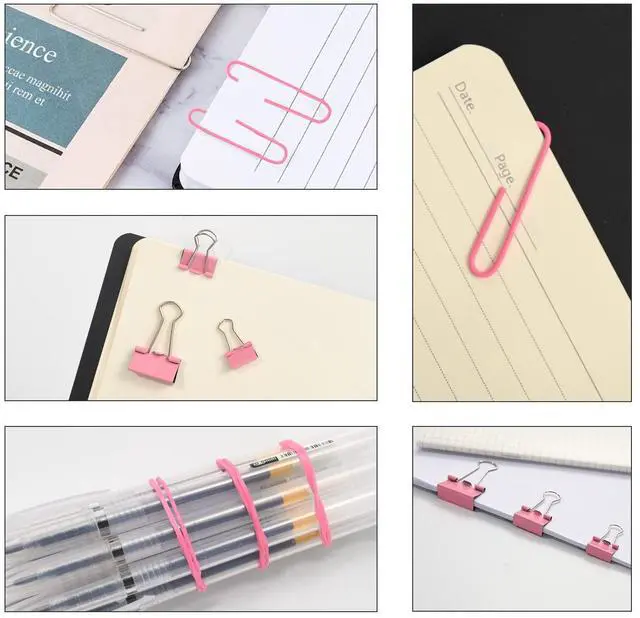 Alt view image 4 of 7 - Pink Binder Clips Paper Clips,380 PCS Assorted Sizes Paperclips Paper Clamps Rubber Bands for Files, Papers, Home Supplies (Pink)
