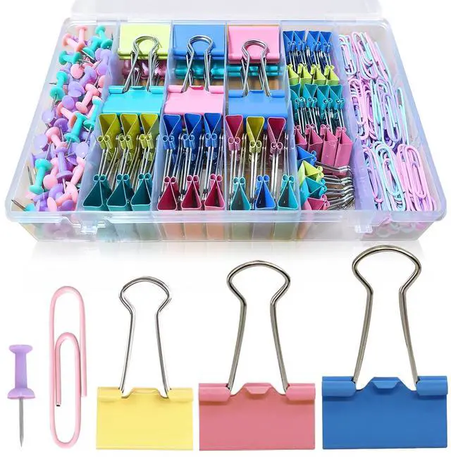 Main image of Paper Clips and Binder Clips Assorted Sizes, 240 PCS Colored Office Clips Set Large Medium Small Paper Clamps Paperclips Push Pin Thumb Tacks, College Supplies Home Office Supplies Document Organizing