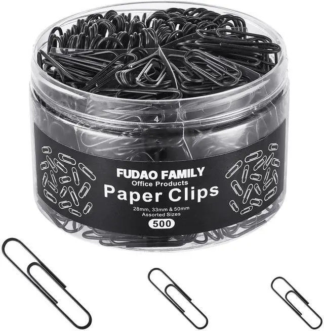Main image of 500pcs Paper Clips Assorted Sizes, Small, Medium and Large1.1inch, 1.3inch and 2inch Paper Clips, Vinyl Coated Paperclips for Office, School, Home Supplies (Black)