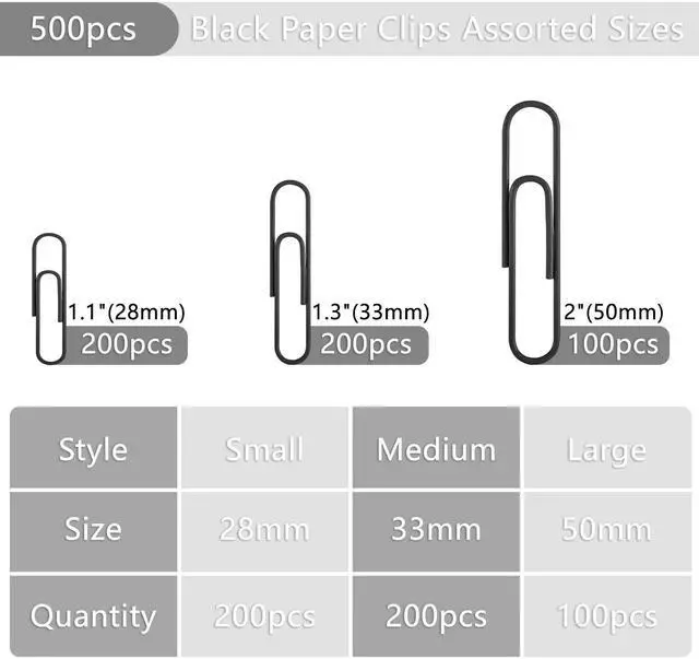 Alt view image 2 of 6 - 500pcs Paper Clips Assorted Sizes, Small, Medium and Large1.1inch, 1.3inch and 2inch Paper Clips, Vinyl Coated Paperclips for Office, School, Home Supplies (Black)
