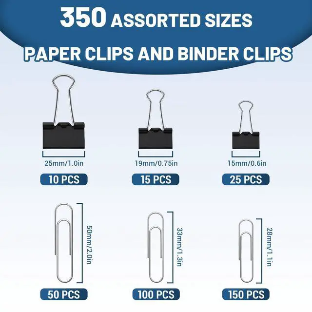 Alt view image 2 of 7 - 350 Pcs Paper Clips and Binder Clips,Office Clips Set, Large Binder Clips,Assorted Sizes Set, Black Metal Office Clips, Paper Clamps, for Office and School Supplies