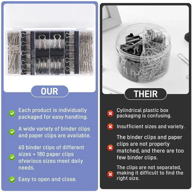 Alt view image 4 of 6 - 360PCS Black Assorted Size Paper Clips and Binder Clips, Paperclips Large Medium Small, Binder Clip and Paper Clip Set for Home, School, and Office Supplies in a Container with Compartments