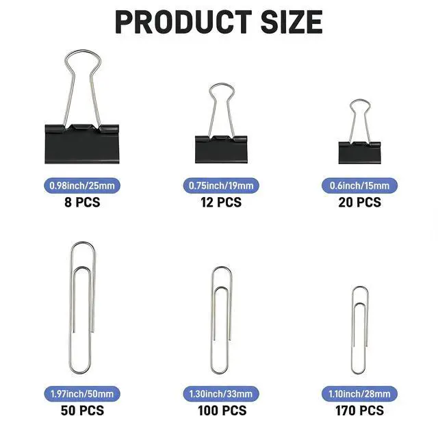Alt view image 2 of 6 - 360PCS Black Assorted Size Paper Clips and Binder Clips, Paperclips Large Medium Small, Binder Clip and Paper Clip Set for Home, School, and Office Supplies in a Container with Compartments